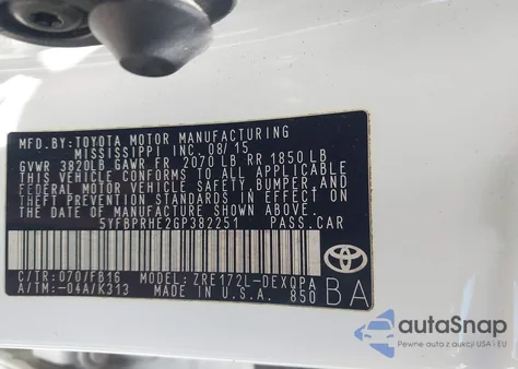 2016 Toyota Corolla Le Eco из США, поврежденный, VIN 5YFBPRHE2GP382251